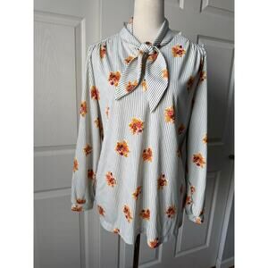 Vintage Fire Islander Woman Floral Stripe Tie Neck Blouse Size 40 Statement Bow